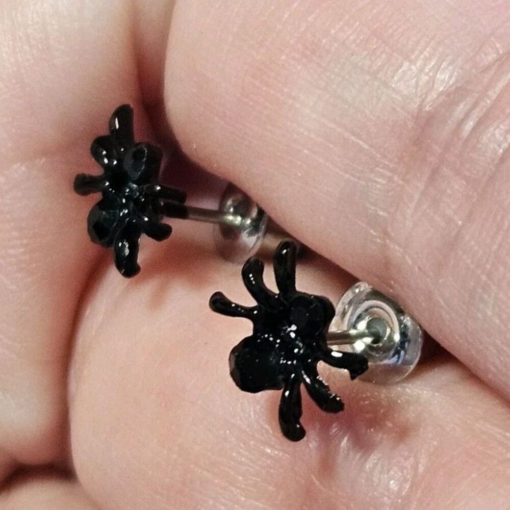 Black Spider Earrings Black Rhinestone Accents Tiny Dainty Halloween Spooky